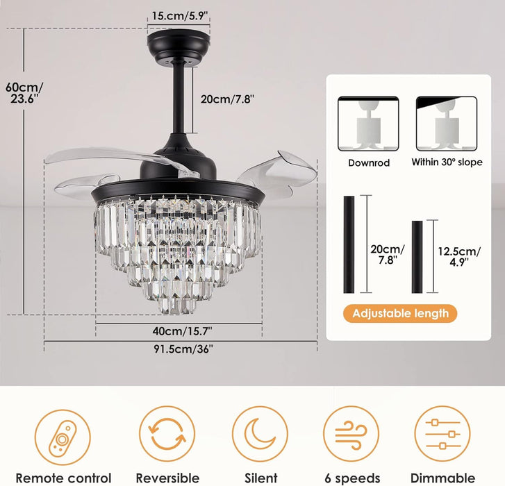 36 in. Black Invisible Modern Remote Ceiling Fan with Light, Retractable Chandelier Ceiling Fan, Dimmable Flush Mount Crystal Fandeliers for Dining Room -2-ErisView