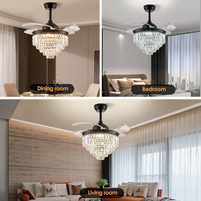 36 in. Black Invisible Modern Remote Ceiling Fan with Light, Retractable Chandelier Ceiling Fan, Dimmable Flush Mount Crystal Fandeliers for Dining Room -3-ErisView