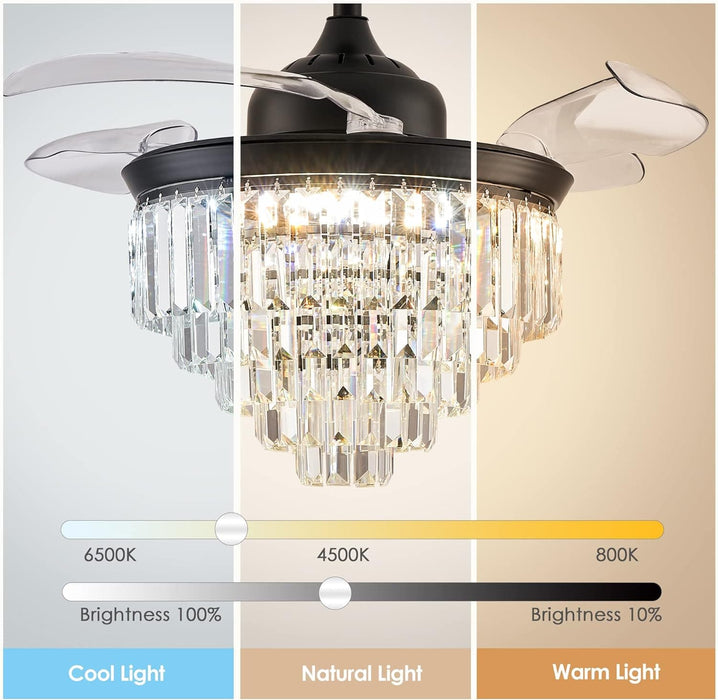 36 in. Black Invisible Modern Remote Ceiling Fan with Light, Retractable Chandelier Ceiling Fan, Dimmable Flush Mount Crystal Fandeliers for Dining Room -5-ErisView
