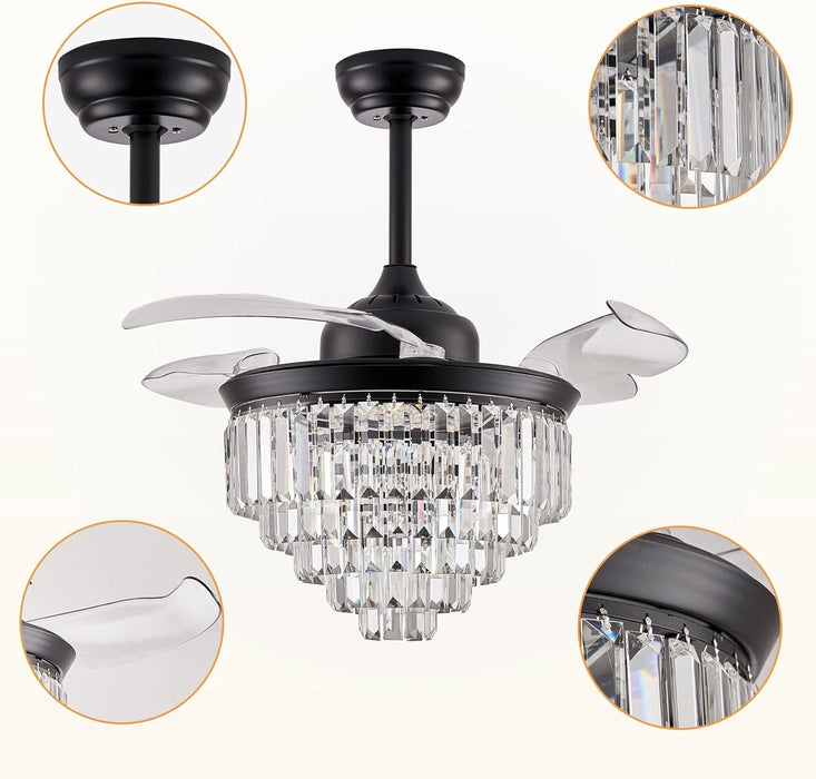 36 in. Black Invisible Modern Remote Ceiling Fan with Light, Retractable Chandelier Ceiling Fan, Dimmable Flush Mount Crystal Fandeliers for Dining Room -7-ErisView