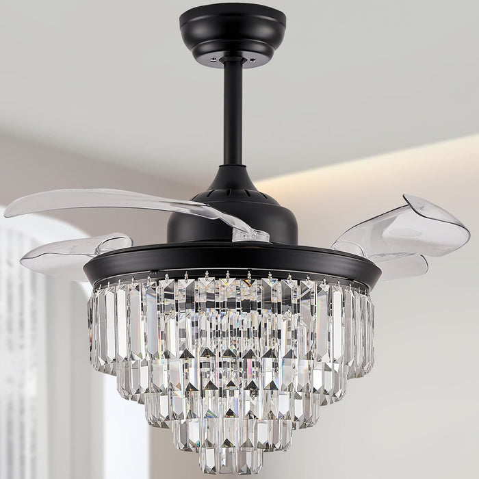 36 in. Black Invisible Modern Remote Ceiling Fan with Light, Retractable Chandelier Ceiling Fan, Dimmable Flush Mount Crystal Fandeliers for Dining Room -1-ErisView