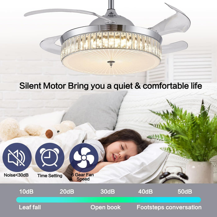 36 in. Ceiling Fan, Chrome Modern Fan with Light, Dimmable Chandelier Ceiling Fan, Indoor Retractable Reversible Ceiling Light with Fans for Living Room-4-ErisView
