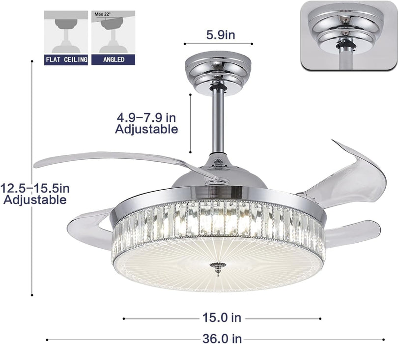 36 in. Ceiling Fan, Chrome Modern Fan with Light, Dimmable Chandelier Ceiling Fan, Indoor Retractable Reversible Ceiling Light with Fans for Living Room-5-ErisView