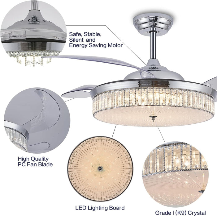 36 in. Ceiling Fan, Chrome Modern Fan with Light, Dimmable Chandelier Ceiling Fan, Indoor Retractable Reversible Ceiling Light with Fans for Living Room-6-ErisView