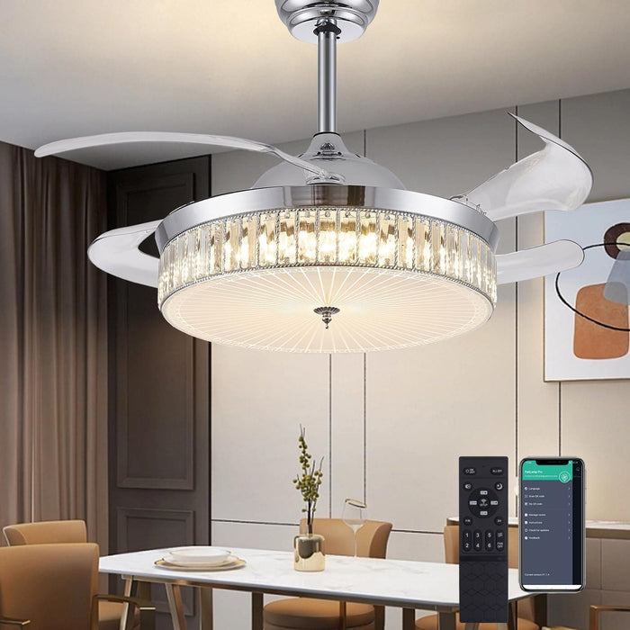 36 in. Ceiling Fan, Chrome Modern Fan with Light, Dimmable Chandelier Ceiling Fan, Indoor Retractable Reversible Ceiling Light with Fans for Living Room-1-ErisView