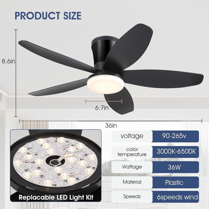 36 in. Ceiling Fan with Low Profile Light Remote APP Control, BlackFlush Mount Outdoor Patio Fans, Indoor Ceiling Fan for Bedroom -6-ErisView