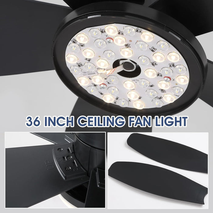 36 in. Ceiling Fan with Low Profile Light Remote APP Control, BlackFlush Mount Outdoor Patio Fans, Indoor Ceiling Fan for Bedroom -7-ErisView