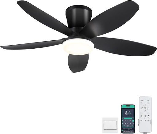 36 in. Ceiling Fan with Low Profile Light Remote APP Control, BlackFlush Mount Outdoor Patio Fans, Indoor Ceiling Fan for Bedroom -1-ErisView
