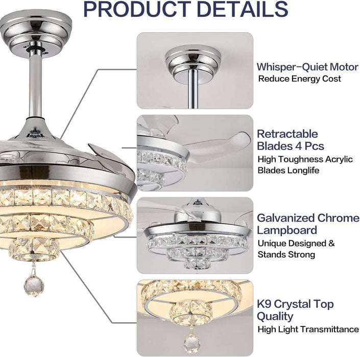 36 in. Dimmable Ceiling Fan with Lights Remote, Crystal Chandelier Ceiling Fan, Dimmable Fandelier Ceiling Fan for Living Room Bedroom-7-ErisView