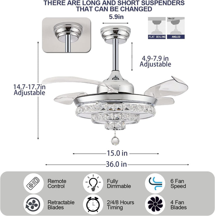 36 in. Dimmable Ceiling Fan with Lights Remote, Crystal Chandelier Ceiling Fan, Dimmable Fandelier Ceiling Fan for Living Room Bedroom-8-ErisView