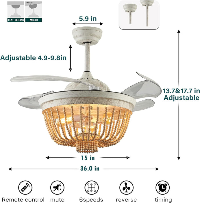 36 in. Fandelier Ceiling Fan, Boho Ceiling Fan with Light Remote, Caged Enclosed Ceiling Fan for Kitchen Living Room, Nursery Ceiling Fan with Light-6-ErisView