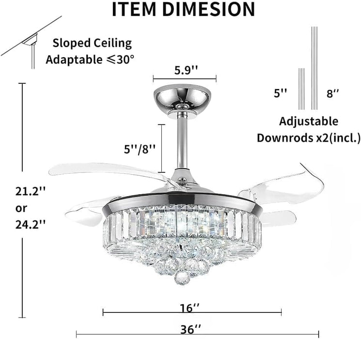 36 in. Fandelier Ceiling Fan with Light, Dimmable Chandelier Ceiling Fan, Retractable Crystal Ceiling Fan for Dining Room Living Room-2-ErisView