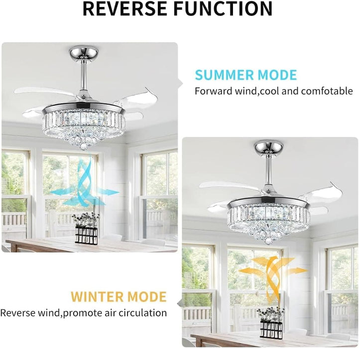 36 in. Fandelier Ceiling Fan with Light, Dimmable Chandelier Ceiling Fan, Retractable Crystal Ceiling Fan for Dining Room Living Room-3-ErisView