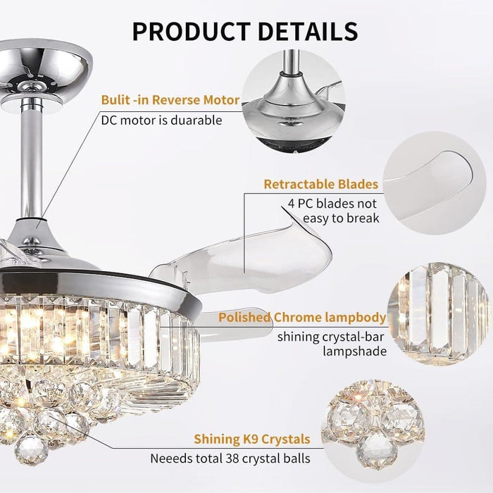 36 in. Fandelier Ceiling Fan with Light, Dimmable Chandelier Ceiling Fan, Retractable Crystal Ceiling Fan for Dining Room Living Room-6-ErisView