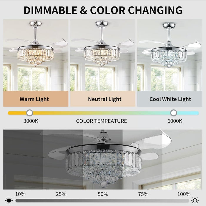 36 in. Fandelier Ceiling Fan with Light, Dimmable Chandelier Ceiling Fan, Retractable Crystal Ceiling Fan for Dining Room Living Room-7-ErisView