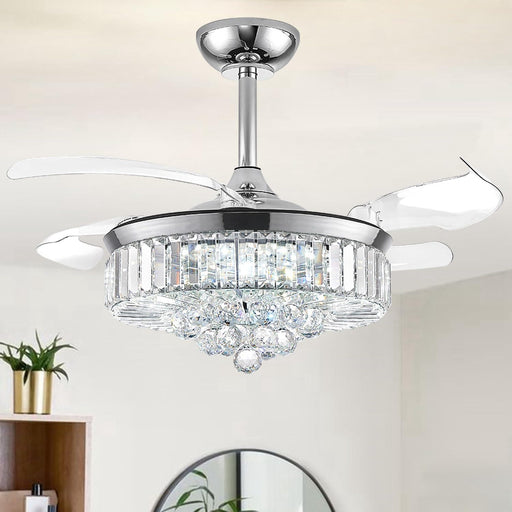 36 in. Fandelier Ceiling Fan with Light, Dimmable Chandelier Ceiling Fan, Retractable Crystal Ceiling Fan for Dining Room Living Room-1-ErisView