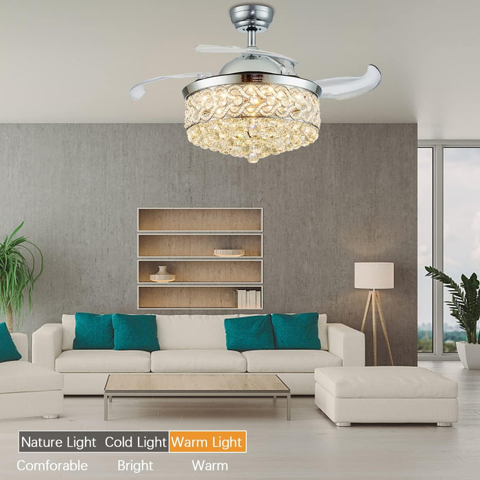 36 in. Fandelier Chandelier Ceiling Fan with Remote, Modern Silver Crystal Ceiling Fan, Retractable Invisible Ceiling Fan for Dining Room Living Room-2-ErisView