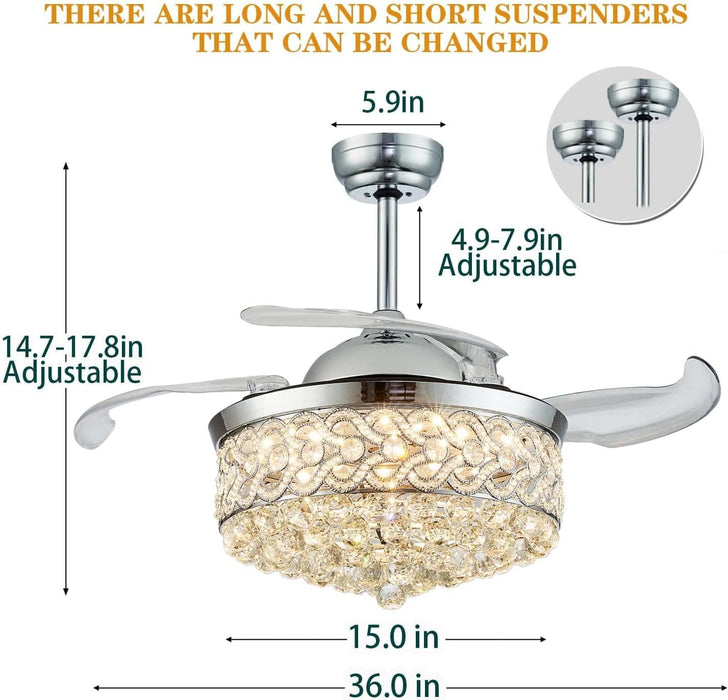 36 in. Fandelier Chandelier Ceiling Fan with Remote, Modern Silver Crystal Ceiling Fan, Retractable Invisible Ceiling Fan for Dining Room Living Room-3-ErisView
