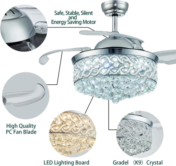 36 in. Fandelier Chandelier Ceiling Fan with Remote, Modern Silver Crystal Ceiling Fan, Retractable Invisible Ceiling Fan for Dining Room Living Room-4-ErisView