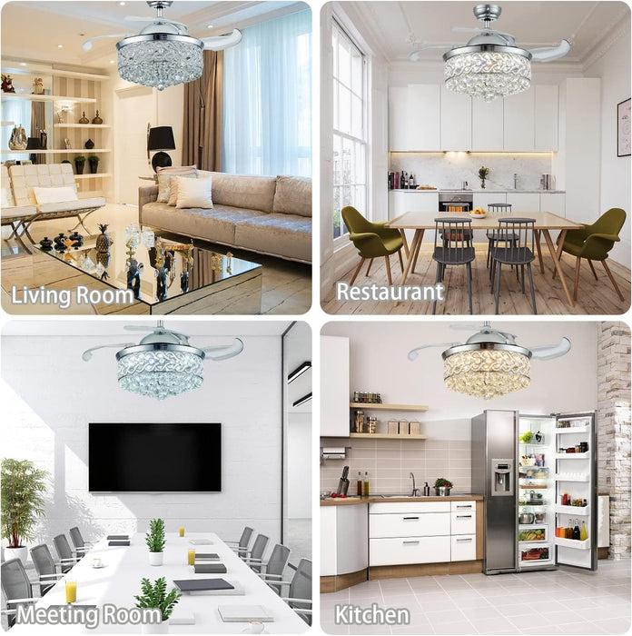 36 in. Fandelier Chandelier Ceiling Fan with Remote, Modern Silver Crystal Ceiling Fan, Retractable Invisible Ceiling Fan for Dining Room Living Room-5-ErisView