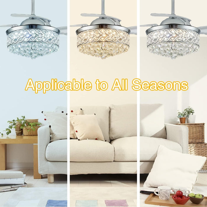 36 in. Fandelier Chandelier Ceiling Fan with Remote, Modern Silver Crystal Ceiling Fan, Retractable Invisible Ceiling Fan for Dining Room Living Room-6-ErisView