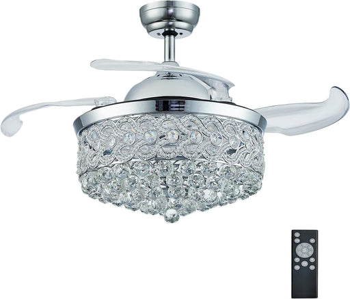 36 in. Fandelier Chandelier Ceiling Fan with Remote, Modern Silver Crystal Ceiling Fan, Retractable Invisible Ceiling Fan for Dining Room Living Room-1-ErisView