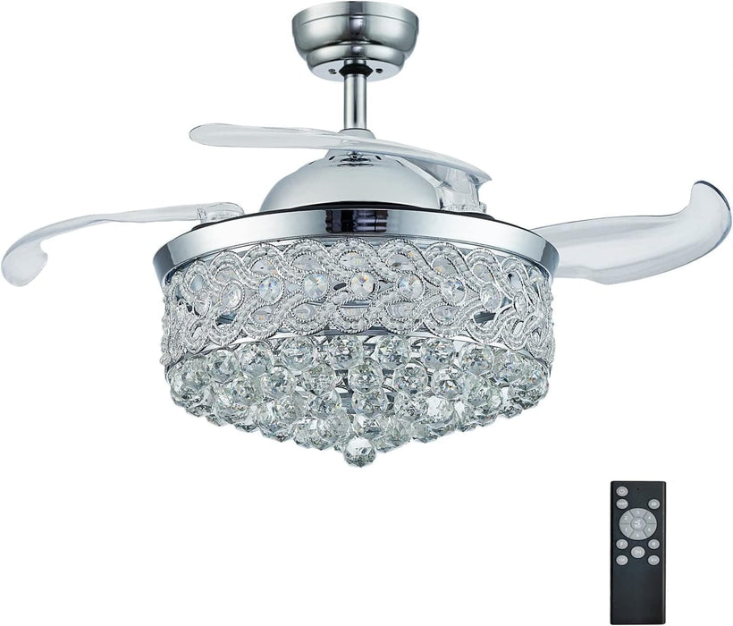 36 in. Fandelier Chandelier Ceiling Fan with Remote, Modern Silver Crystal Ceiling Fan, Retractable Invisible Ceiling Fan for Dining Room Living Room-1-ErisView