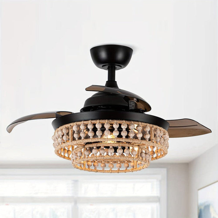 36 in. Farmhouse Flush Mount Ceiling Fan with Light Remote Control, 3-Blade Ceiling fan with Wooden Beaded Cage-ErisView