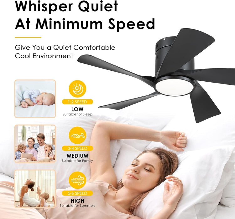 36 in. Flush Mount Low Profile Ceiling Fan with Remote APP Control, Black Ceiling Fan with Light, Dimmable Modern Ceiling Fan for Bedroom Kids Room-3-ErisView
