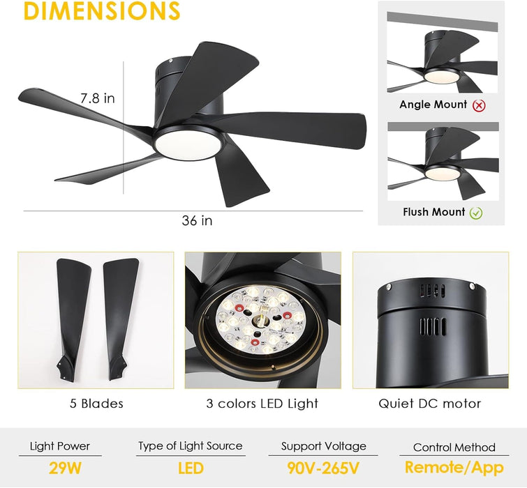36 in. Flush Mount Low Profile Ceiling Fan with Remote APP Control, Black Ceiling Fan with Light, Dimmable Modern Ceiling Fan for Bedroom Kids Room-6-ErisView
