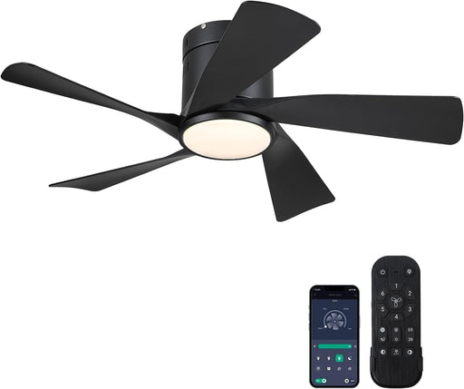 36 in. Flush Mount Low Profile Ceiling Fan with Remote APP Control, Black Ceiling Fan with Light, Dimmable Modern Ceiling Fan for Bedroom Kids Room-1-ErisView