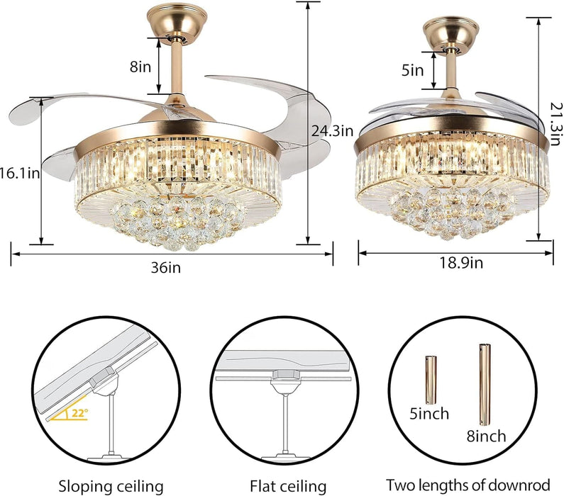 36 in. Gold Invisible Ceiling Fan Chandelier Light, Modern Crystal Ceiling Fan with Remote, Decorative Ceiling Fan for Bedroom Living Room Dining Room-2-ErisView
