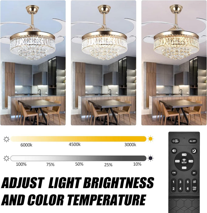 36 in. Gold Invisible Ceiling Fan Chandelier Light, Modern Crystal Ceiling Fan with Remote, Decorative Ceiling Fan for Bedroom Living Room Dining Room-3-ErisView