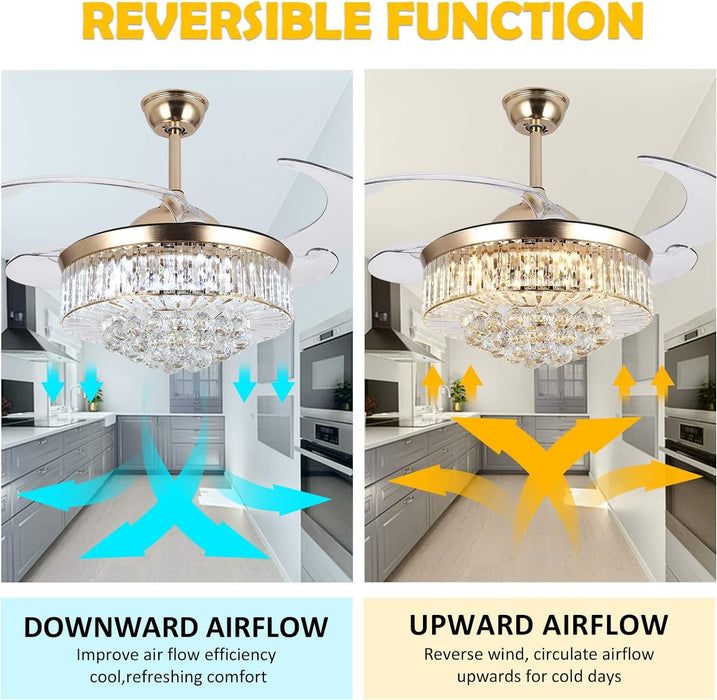 36 in. Gold Invisible Ceiling Fan Chandelier Light, Modern Crystal Ceiling Fan with Remote, Decorative Ceiling Fan for Bedroom Living Room Dining Room-4-ErisView