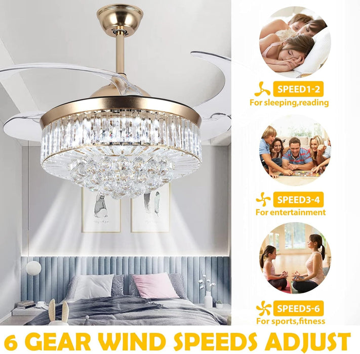 36 in. Gold Invisible Ceiling Fan Chandelier Light, Modern Crystal Ceiling Fan with Remote, Decorative Ceiling Fan for Bedroom Living Room Dining Room-5-ErisView
