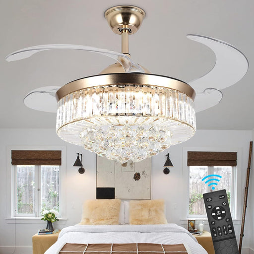 36 in. Gold Invisible Ceiling Fan Chandelier Light, Modern Crystal Ceiling Fan with Remote, Decorative Ceiling Fan for Bedroom Living Room Dining Room-1-ErisView