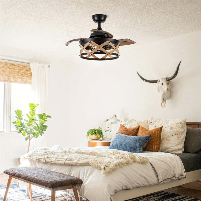 36 in. Industrial Downrod Mount Ceiling Fan with Light Remote Control, Black Farmhouse Ceiling Fan with 3 Blades for Bedroom Living Room-ErisView