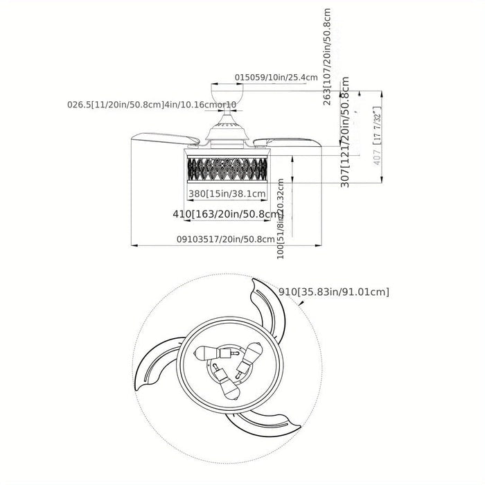 36 in. Modern Black Downrod Mount Ceiling Fan with Light and Remote Control, 3-Blade Ceiling Fan with Crystal Shade-ErisView
