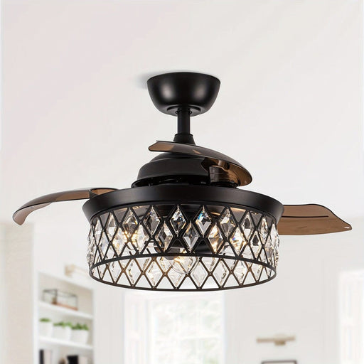 36 in. Modern Black Downrod Mount Ceiling Fan with Light and Remote Control, 3-Blade Ceiling Fan with Crystal Shade-ErisView