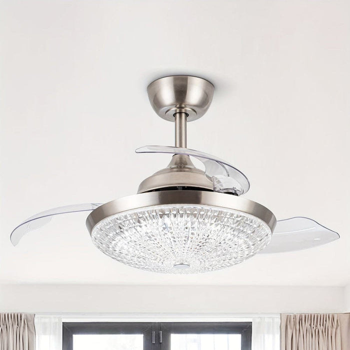 36 in. Modern Chrome Flush Mount Ceiling Fan with Light and Remote, Flush Mount Ceiling Fan with Crystal Shade-ErisView