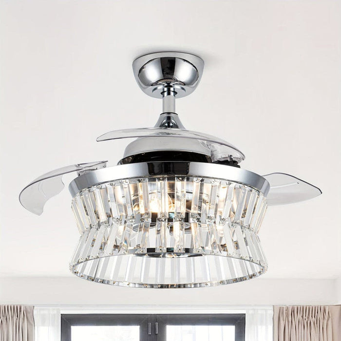 36 in. Modern Downrod Mount Ceiling Fan with Light Remote Control, Chrome Crystal Ceiling Fan for Living Room Bedroom-ErisView