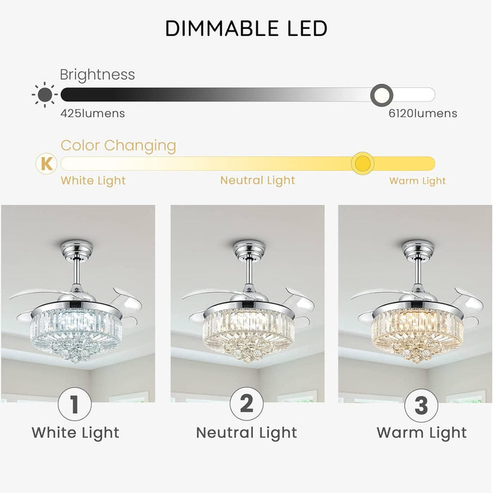 36 in. Modern Fan with Light, Crystal Ceiling Fan with Remote, LED Dimmable Gold Retractable Fan Chandelier, Reversible Fandelier for Bedroom Living Room-10-ErisView