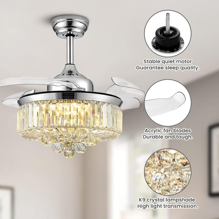 36 in. Modern Fan with Light, Crystal Ceiling Fan with Remote, LED Dimmable Gold Retractable Fan Chandelier, Reversible Fandelier for Bedroom Living Room-13-ErisView