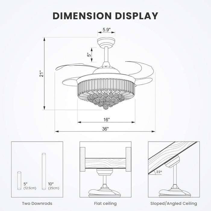 36 in. Modern Fan with Light, Crystal Ceiling Fan with Remote, LED Dimmable Gold Retractable Fan Chandelier, Reversible Fandelier for Bedroom Living Room-14-ErisView