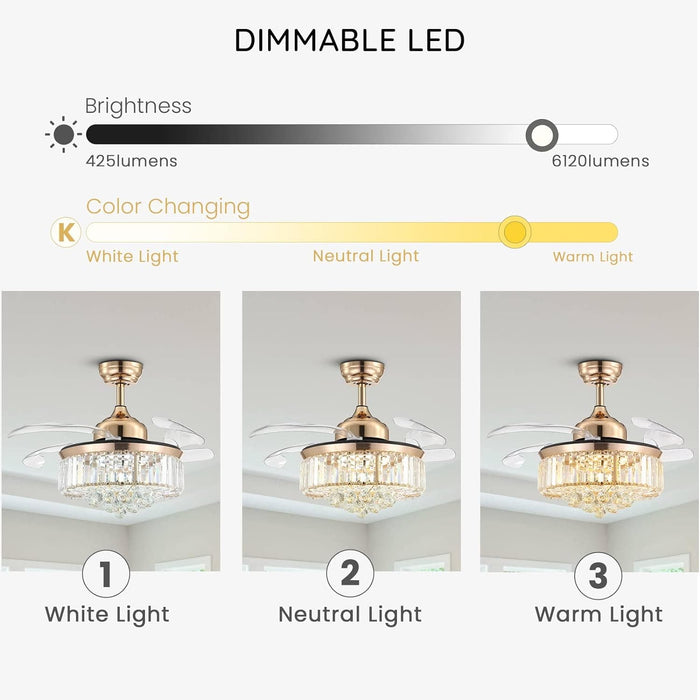 36 in. Modern Fan with Light, Crystal Ceiling Fan with Remote, LED Dimmable Gold Retractable Fan Chandelier, Reversible Fandelier for Bedroom Living Room-2-ErisView