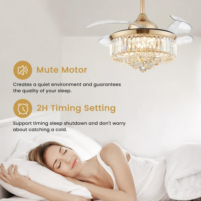 36 in. Modern Fan with Light, Crystal Ceiling Fan with Remote, LED Dimmable Gold Retractable Fan Chandelier, Reversible Fandelier for Bedroom Living Room-4-ErisView