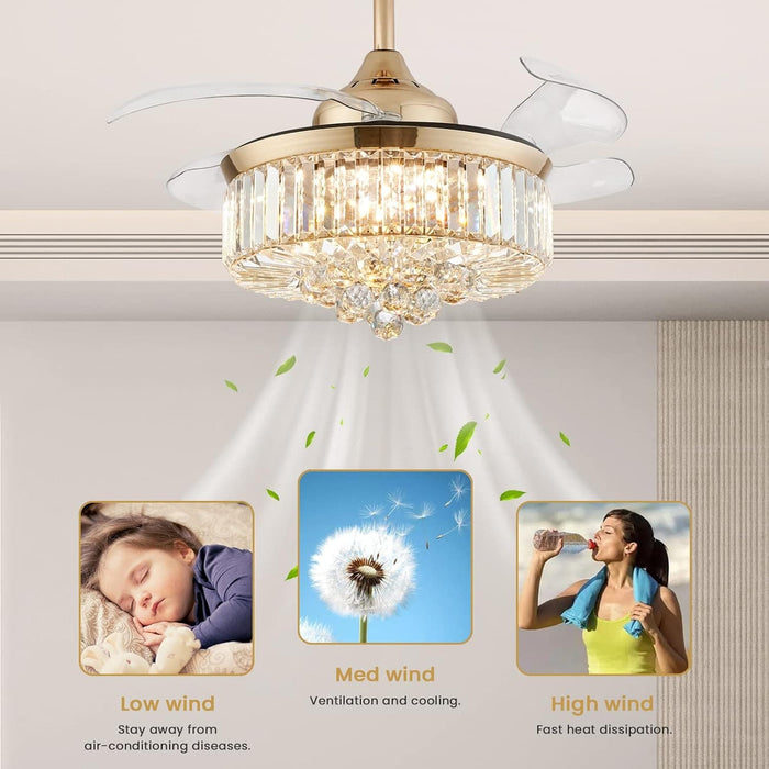 36 in. Modern Fan with Light, Crystal Ceiling Fan with Remote, LED Dimmable Gold Retractable Fan Chandelier, Reversible Fandelier for Bedroom Living Room-5-ErisView