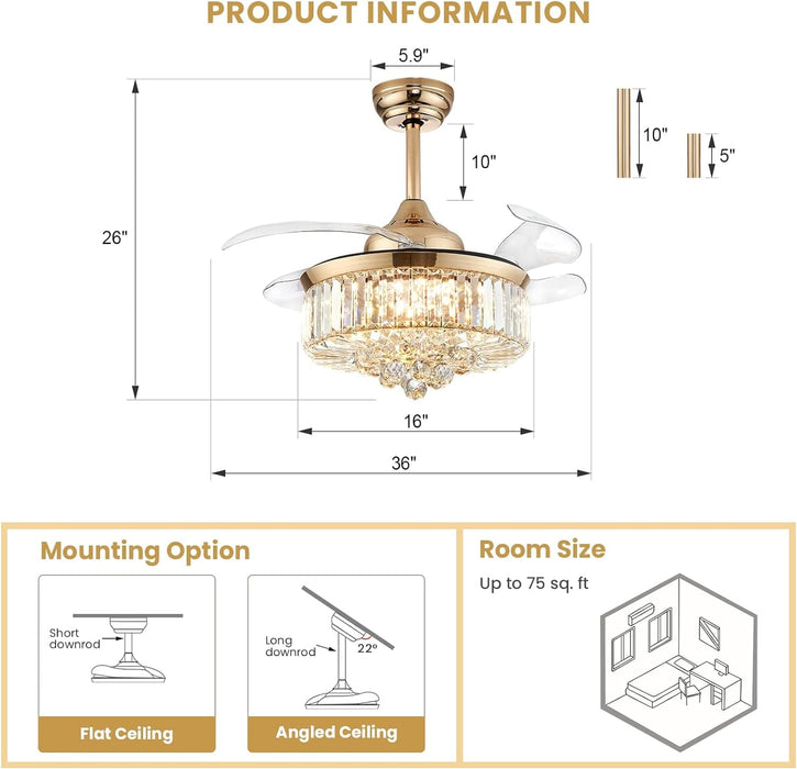 36 in. Modern Fan with Light, Crystal Ceiling Fan with Remote, LED Dimmable Gold Retractable Fan Chandelier, Reversible Fandelier for Bedroom Living Room-6-ErisView