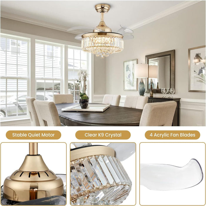 36 in. Modern Fan with Light, Crystal Ceiling Fan with Remote, LED Dimmable Gold Retractable Fan Chandelier, Reversible Fandelier for Bedroom Living Room-7-ErisView
