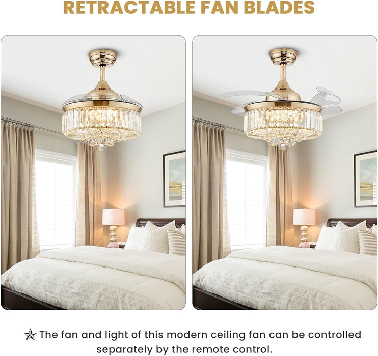 36 in. Modern Fan with Light, Crystal Ceiling Fan with Remote, LED Dimmable Gold Retractable Fan Chandelier, Reversible Fandelier for Bedroom Living Room-8-ErisView